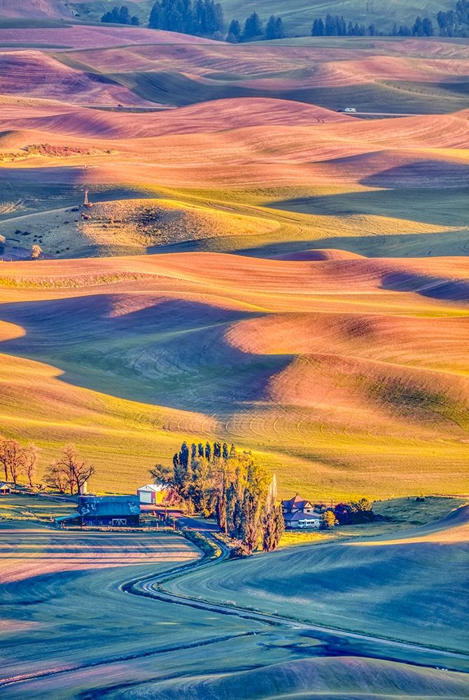 Washington State-Palouse Steptoe Village and farmland at sunset